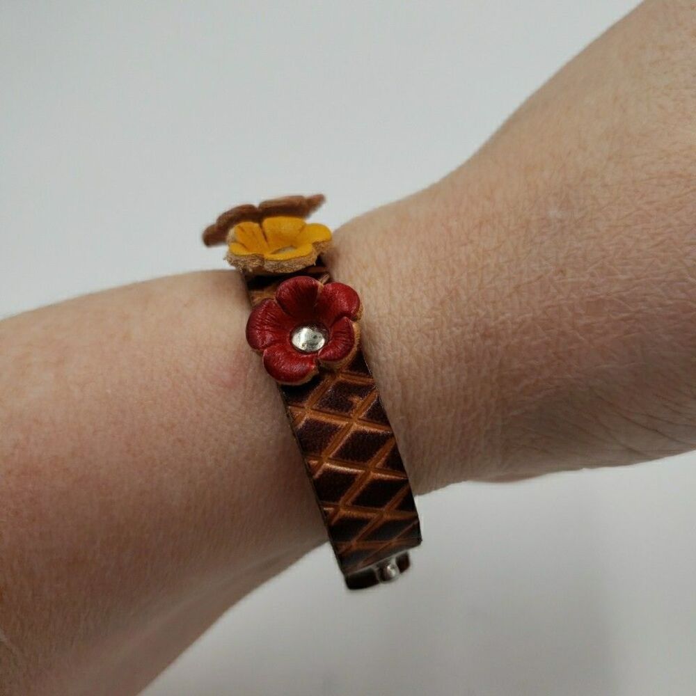 Handmade Floral Leather Cuff Bracelet Adjustable Rustic Boho Prairie Cottagecore - Picture 3 of 16